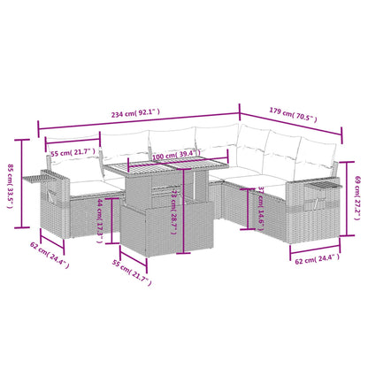 7-delige Loungeset met kussens poly rattan grijs
