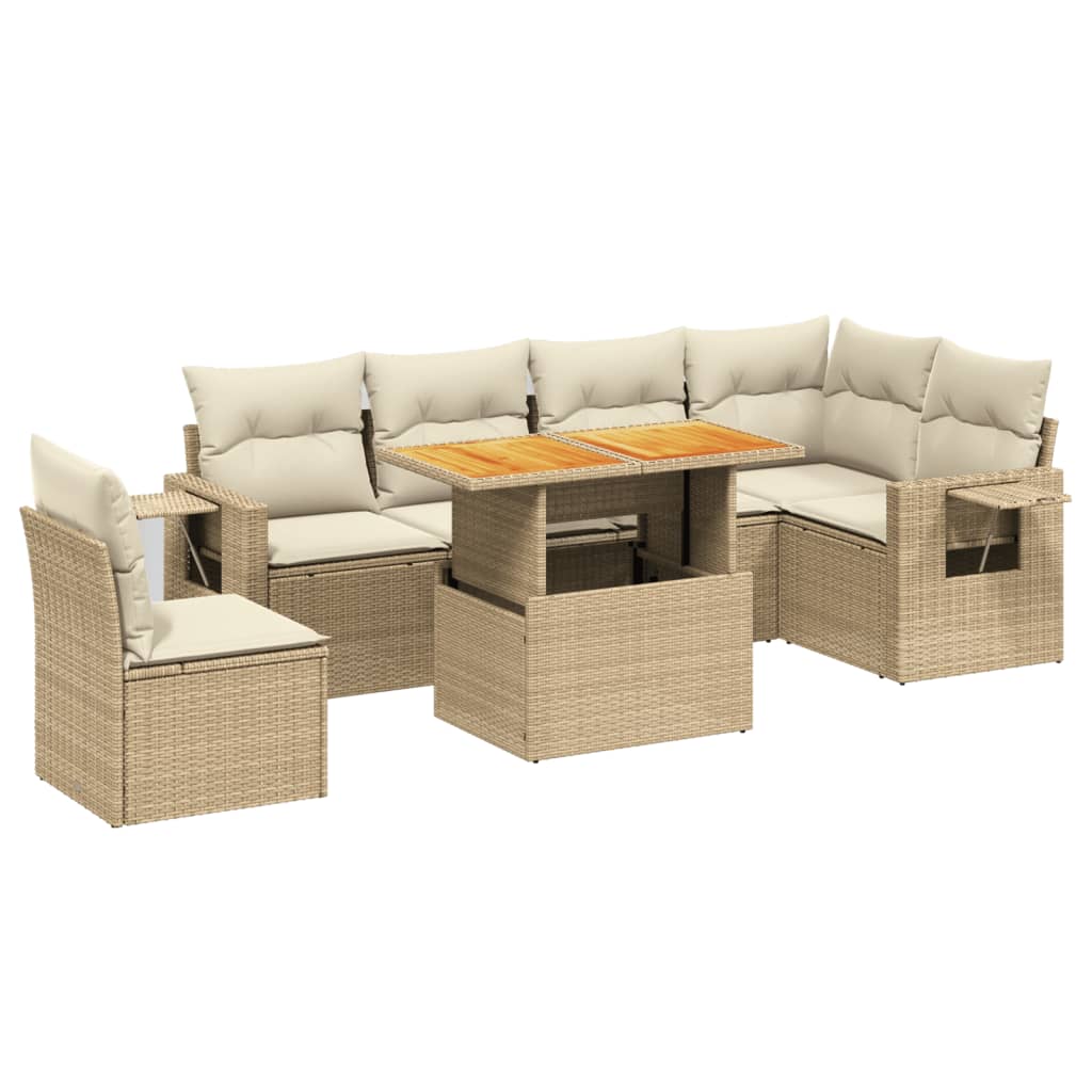 7-delige Loungeset met kussens poly rattan beige