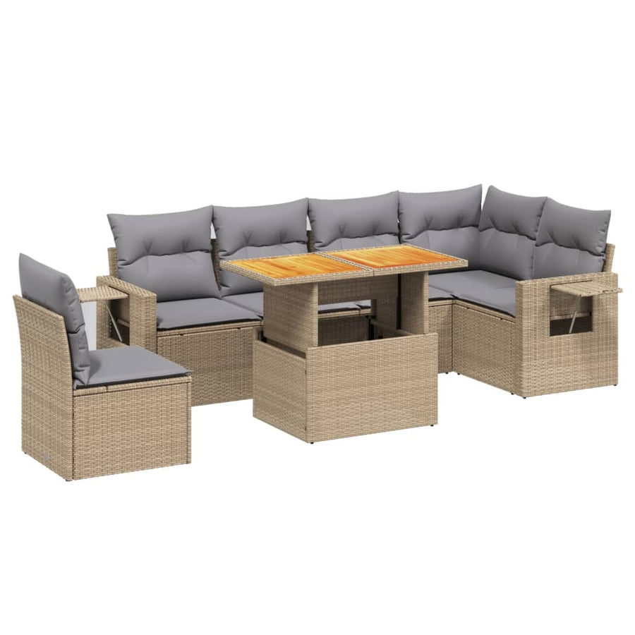 7-delige Loungeset met kussens poly rattan beige