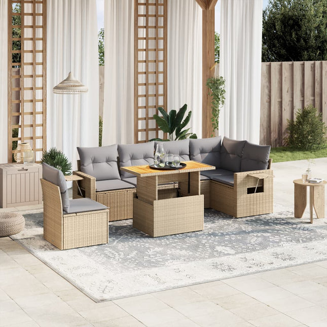 7-delige Loungeset met kussens poly rattan beige