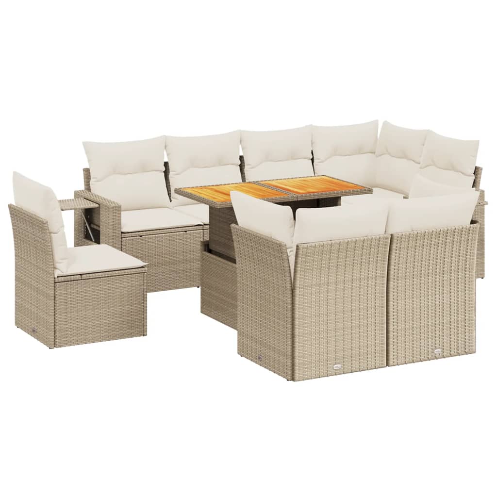 9-delige Loungeset met kussens poly rattan beige