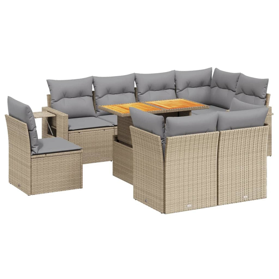 9-delige Loungeset met kussens poly rattan beige