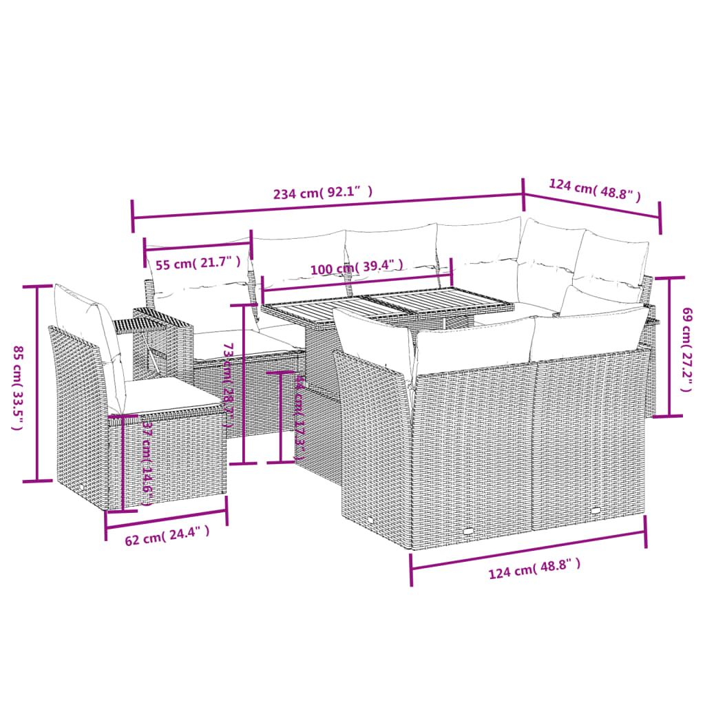 9-delige Loungeset met kussens poly rattan grijs