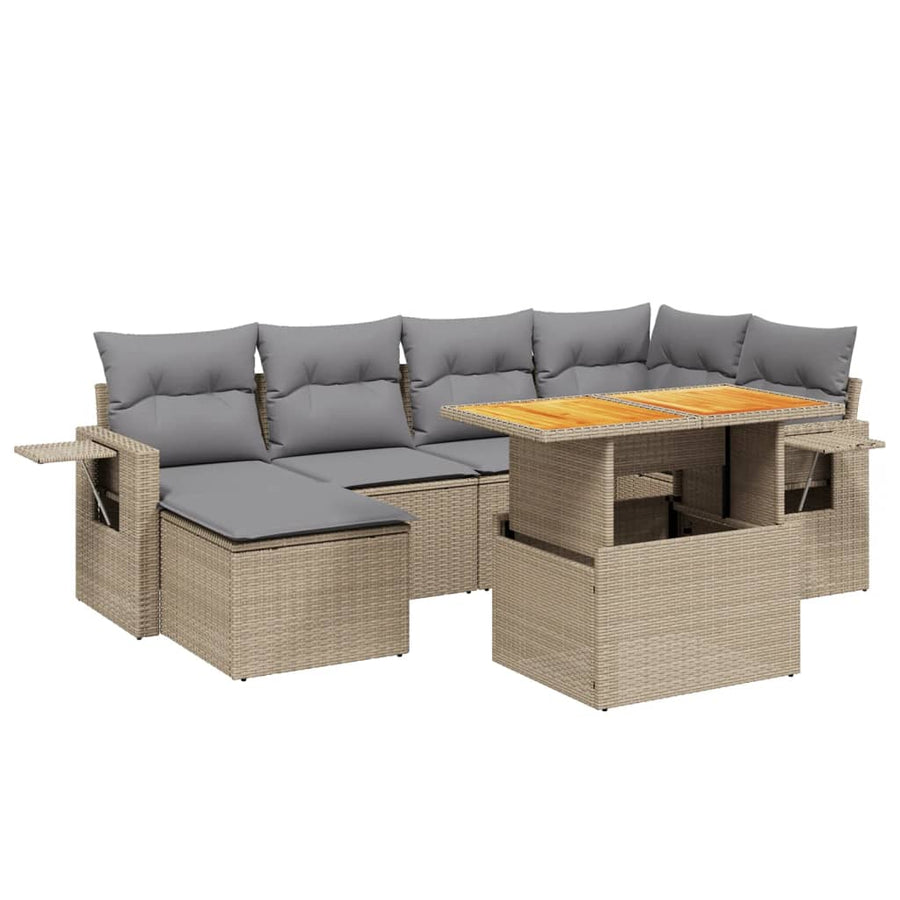 7-delige Loungeset met kussens poly rattan beige