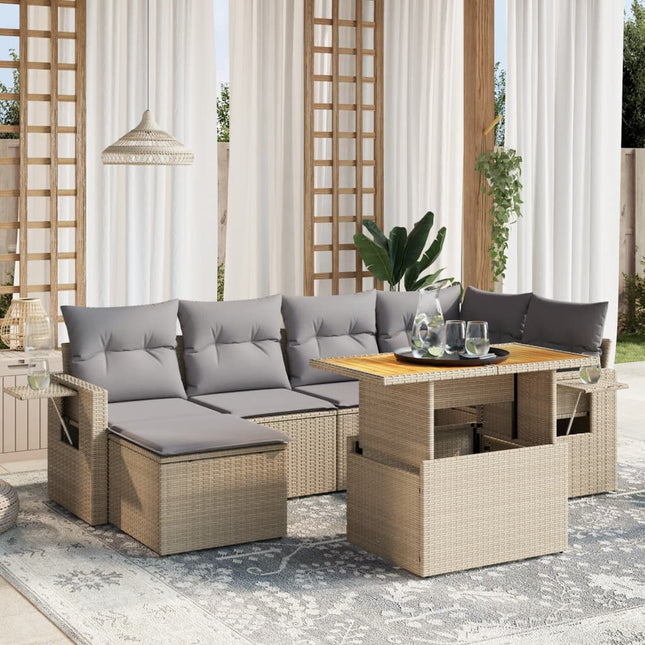 7-delige Loungeset met kussens poly rattan beige