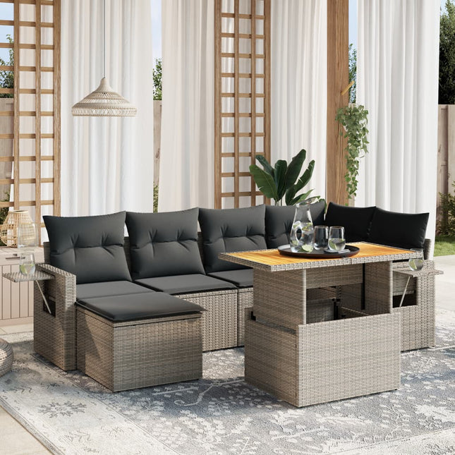 7-delige Loungeset met kussens poly rattan grijs