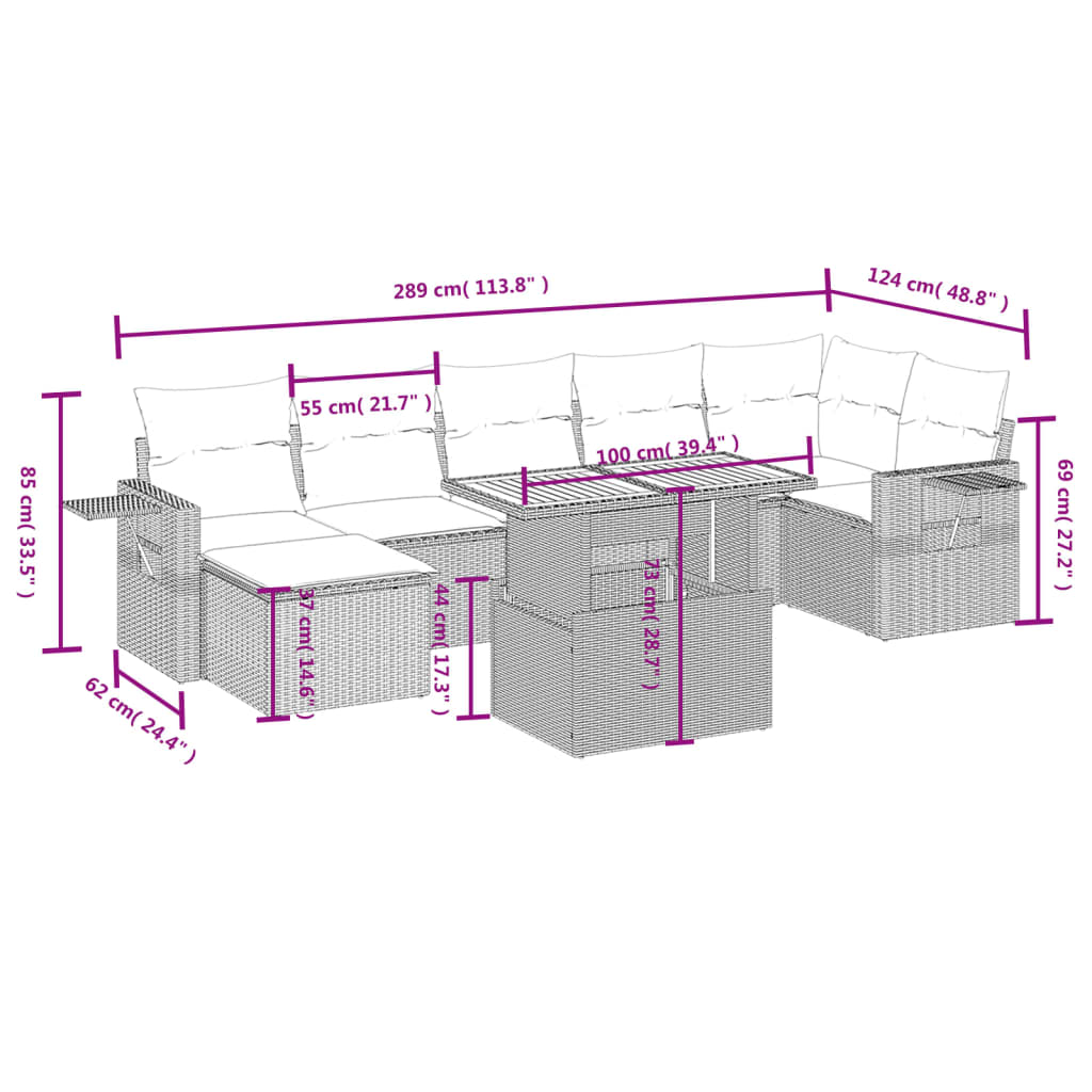 8-delige Loungeset met kussens poly rattan beige