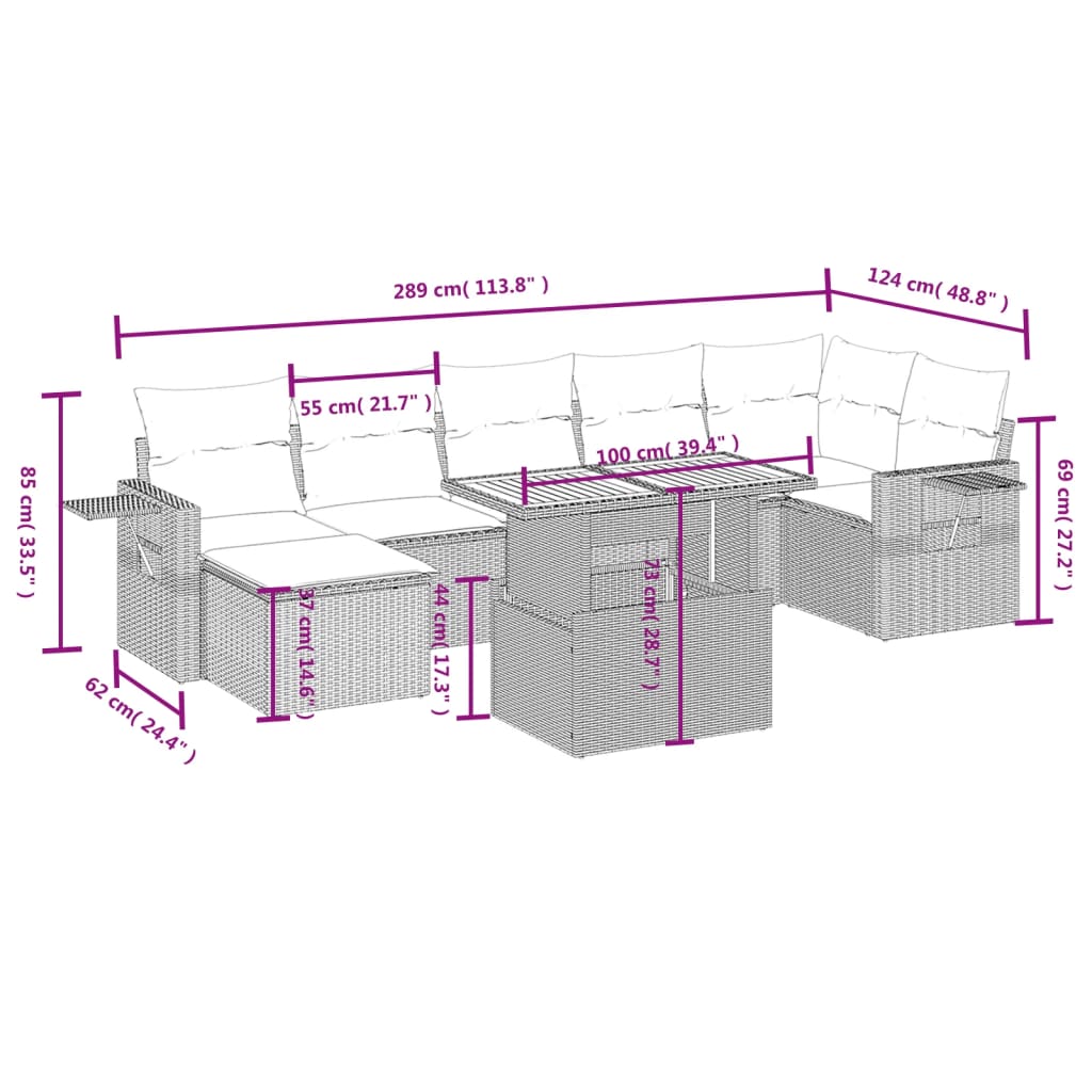 8-delige Loungeset met kussens poly rattan beige
