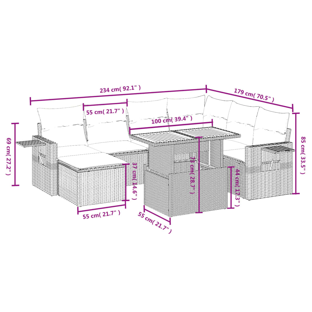 8-delige Loungeset met kussens poly rattan grijs