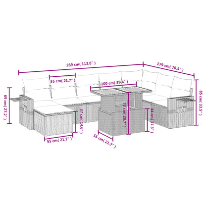 9-delige Loungeset met kussens poly rattan grijs
