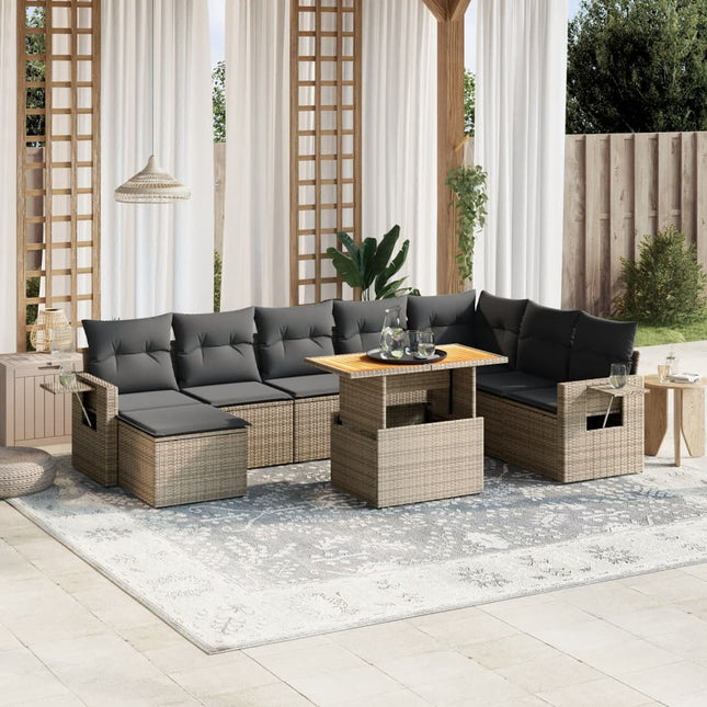 9-delige Loungeset met kussens poly rattan grijs