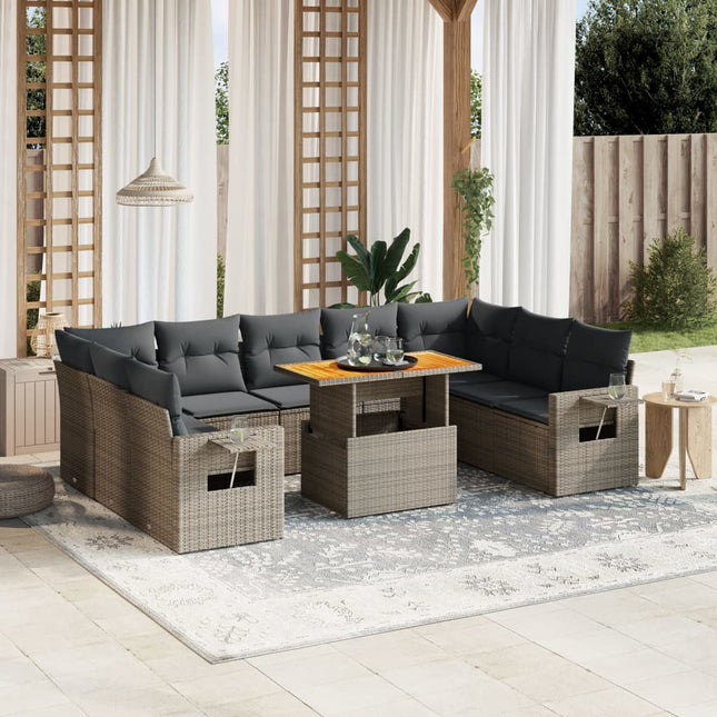 10-delige Loungeset met kussens poly rattan grijs