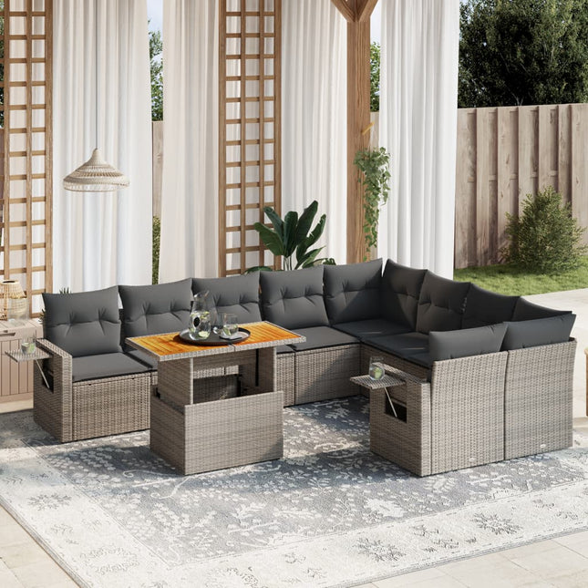 10-delige Loungeset met kussens poly rattan grijs