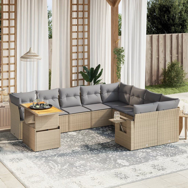 10-delige Loungeset met kussens poly rattan beige