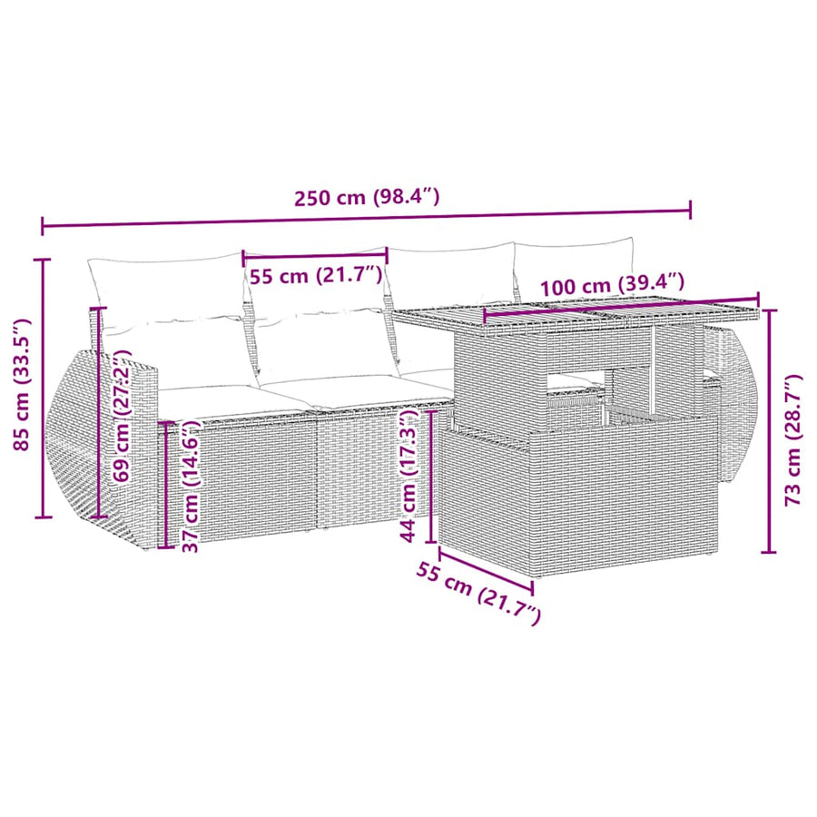 5-delige Loungeset met kussens poly rattan beige