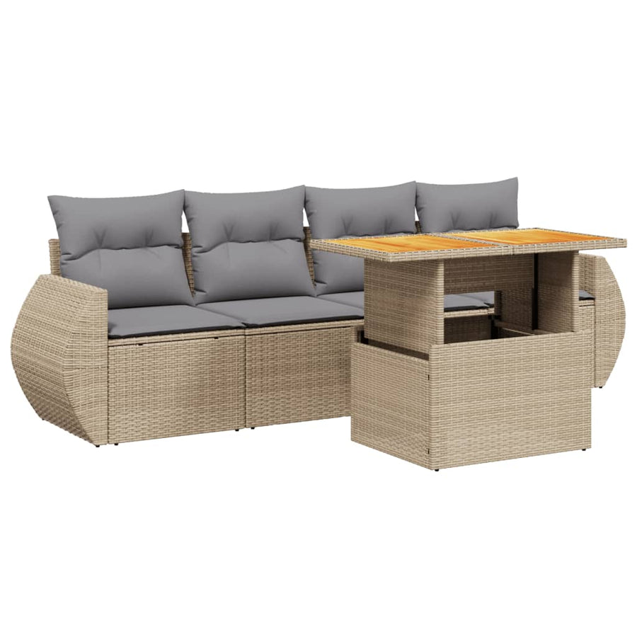 5-delige Loungeset met kussens poly rattan beige