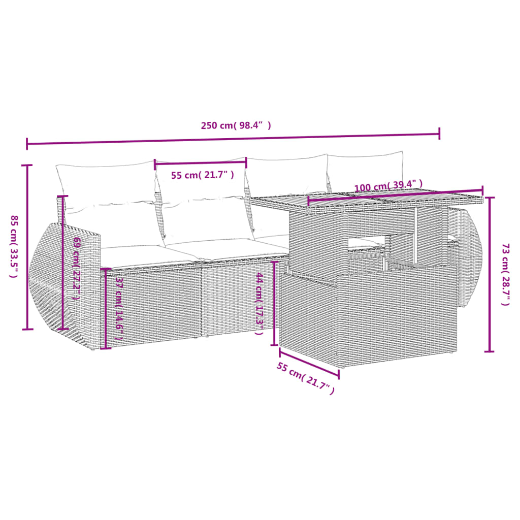 5-delige Loungeset met kussens poly rattan beige