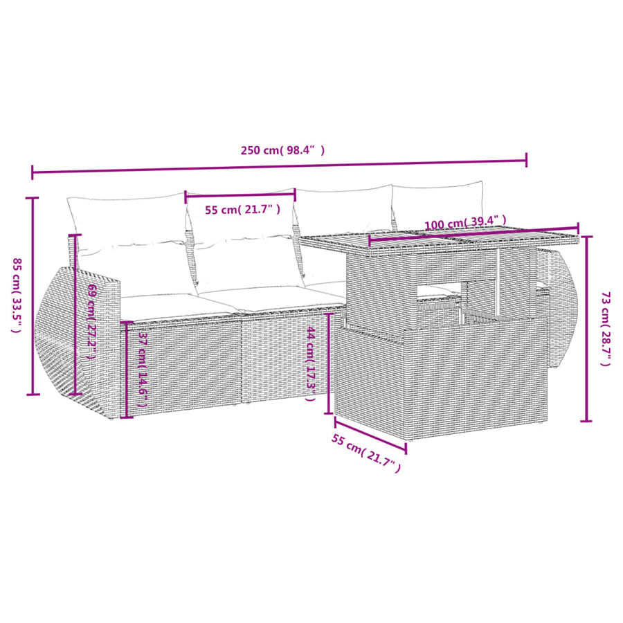 5-delige Loungeset met kussens poly rattan beige