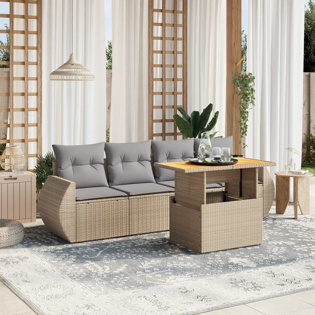 5-delige Loungeset met kussens poly rattan beige