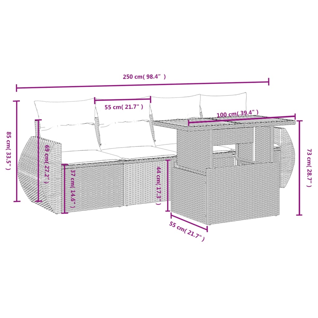 5-delige Loungeset met kussens poly rattan grijs