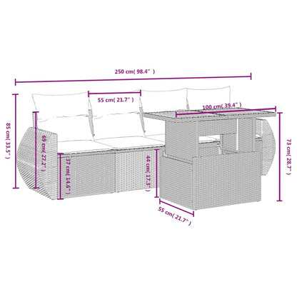 5-delige Loungeset met kussens poly rattan grijs