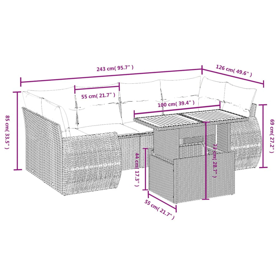 7-Delige Loungeset Met Kussens Poly Rattan Zwart
