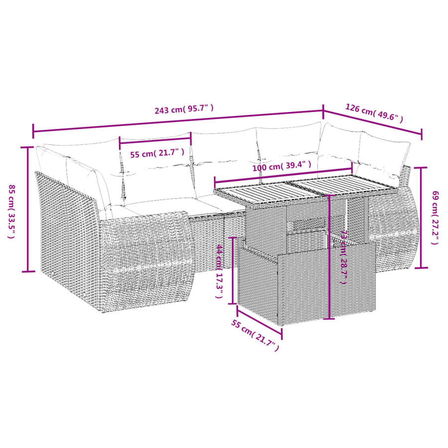 7-Delige Loungeset Met Kussens Poly Rattan Zwart