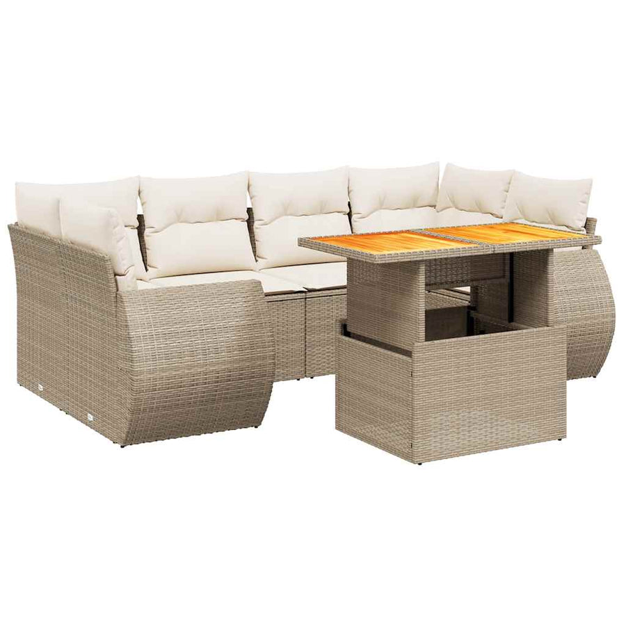 7-delige Loungeset met kussens poly rattan beige
