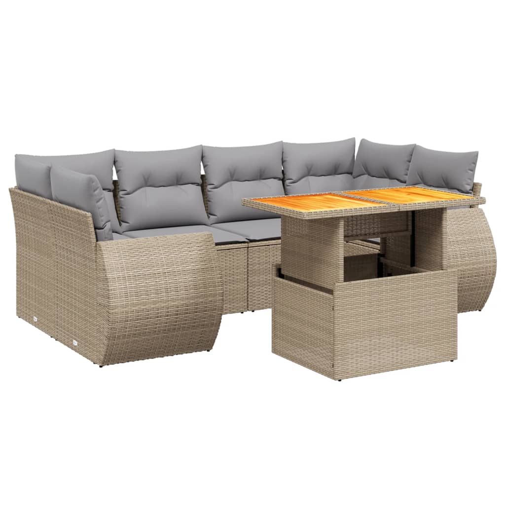 7-delige Loungeset met kussens poly rattan beige