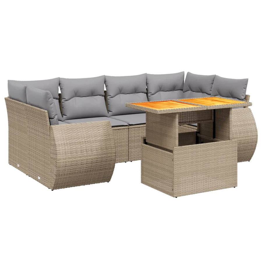 7-delige Loungeset met kussens poly rattan beige