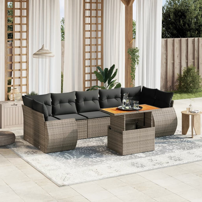 8-delige Loungeset met kussens poly rattan grijs