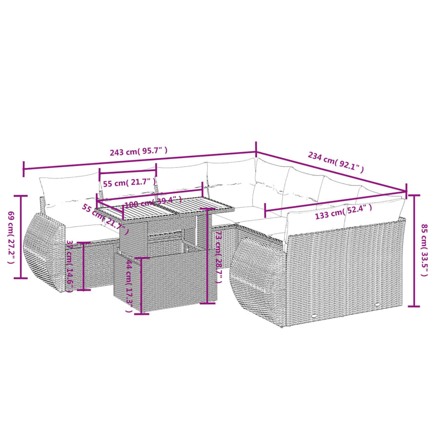 9-Delige Loungeset Met Kussens Poly Rattan Zwart