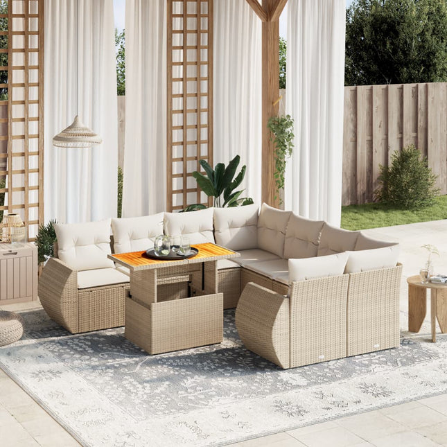 9-delige Loungeset met kussens poly rattan beige