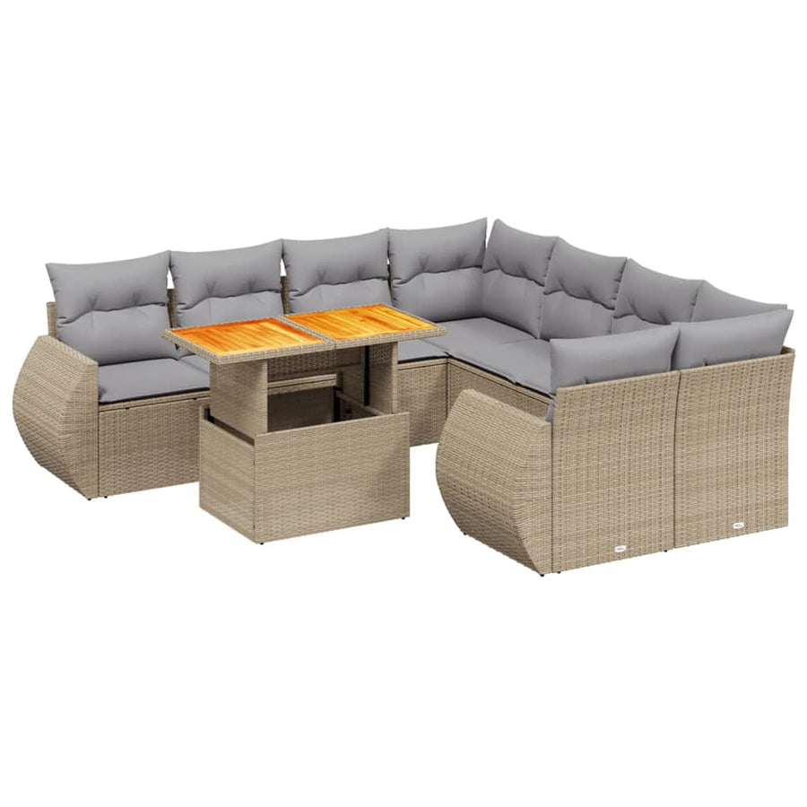 9-delige Loungeset met kussens poly rattan beige