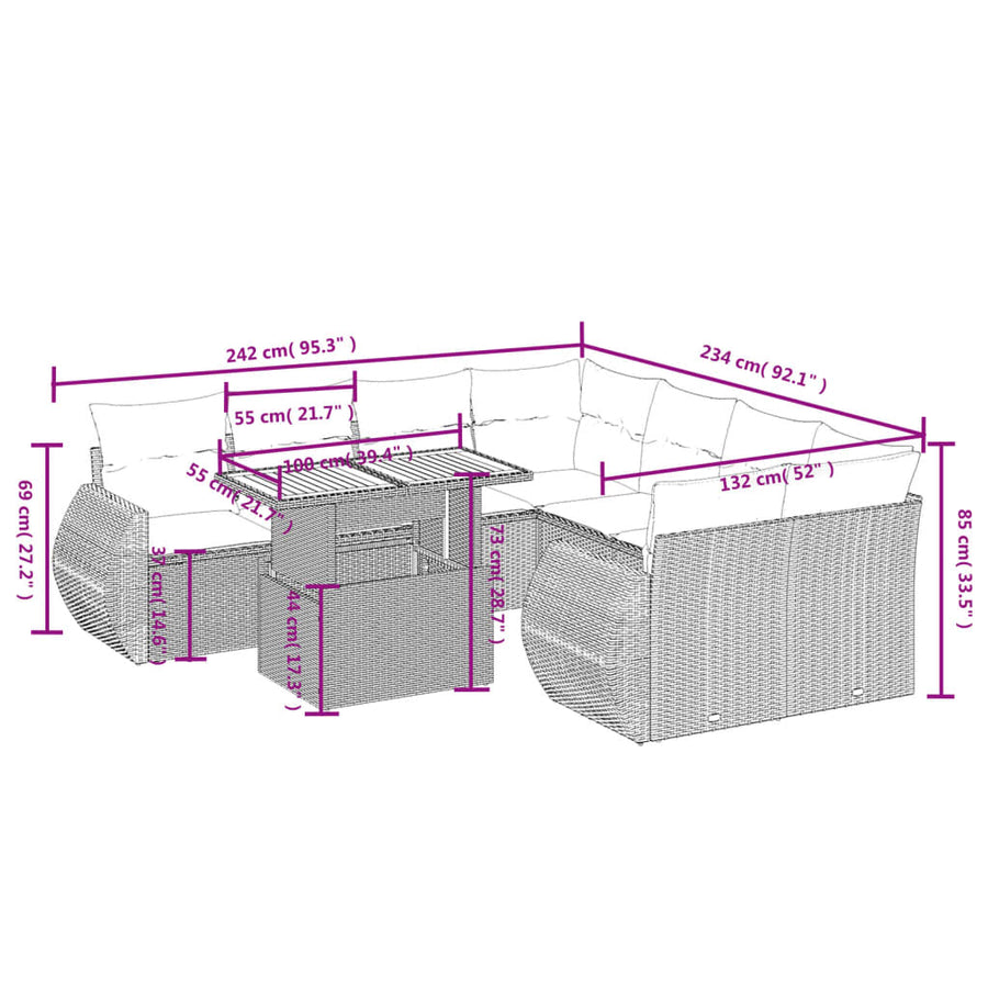 9-delige Loungeset met kussens poly rattan grijs