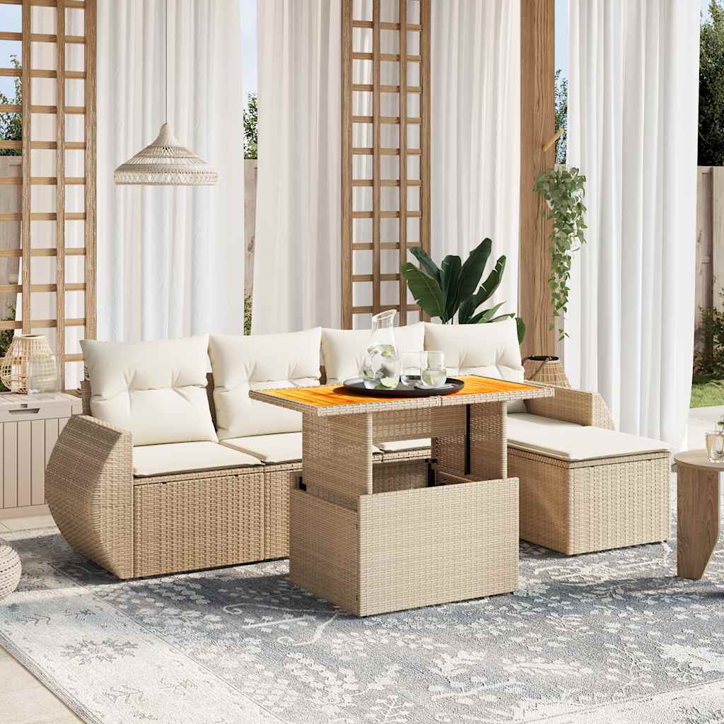 6-delige Loungeset met kussens poly rattan beige