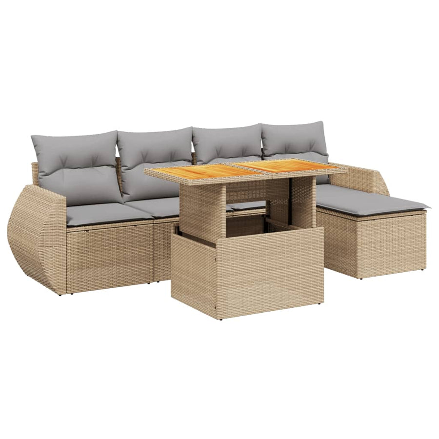 6-delige Loungeset met kussens poly rattan beige