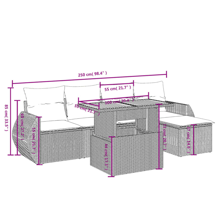 6-delige Loungeset met kussens poly rattan grijs