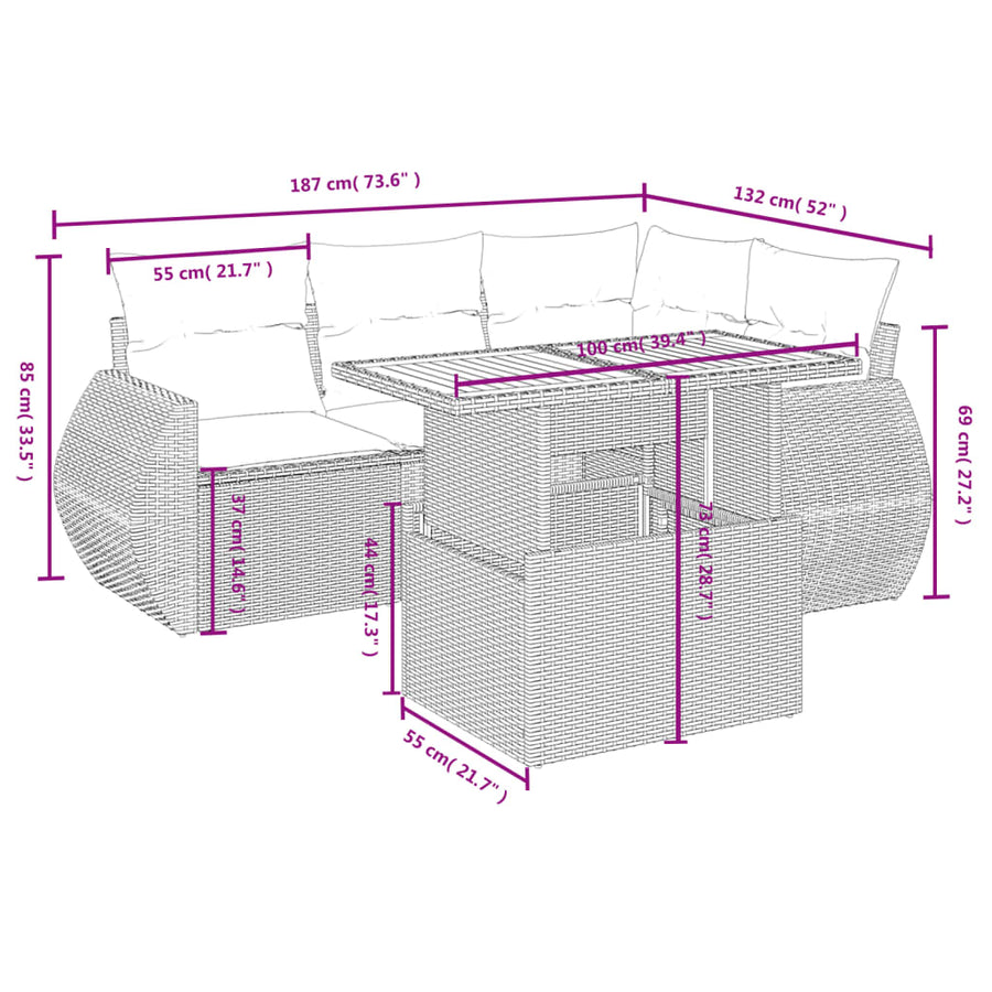 5-delige Loungeset met kussens poly rattan beige