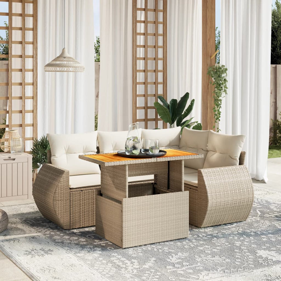 5-delige Loungeset met kussens poly rattan beige