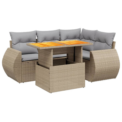 5-delige Loungeset met kussens poly rattan beige