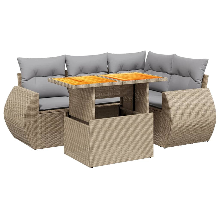 5-delige Loungeset met kussens poly rattan beige