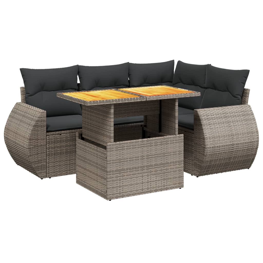 5-delige Loungeset met kussens poly rattan grijs