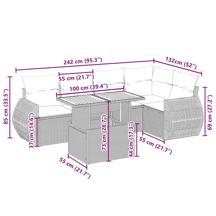 6-delige Loungeset met kussens poly rattan beige