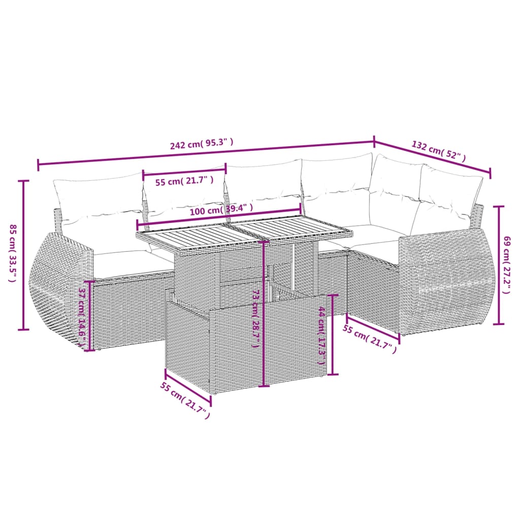 6-delige Loungeset met kussens poly rattan beige