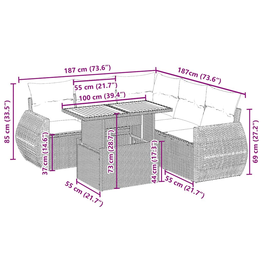 6-delige Loungeset met kussens poly rattan beige