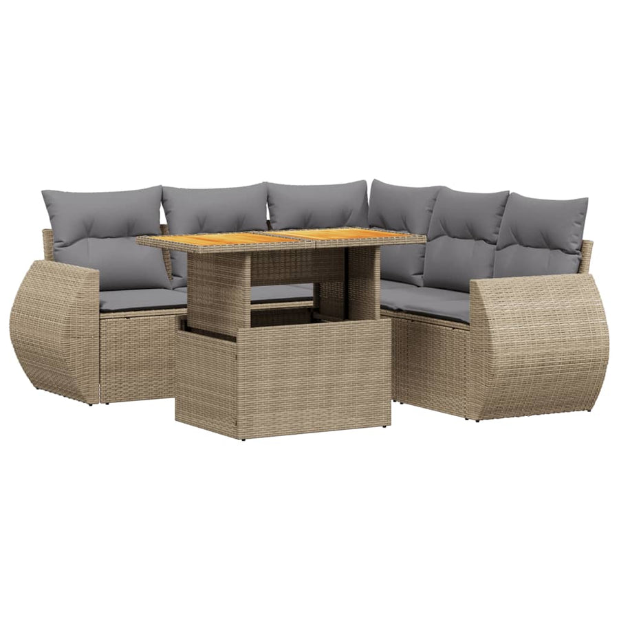 6-delige Loungeset met kussens poly rattan beige