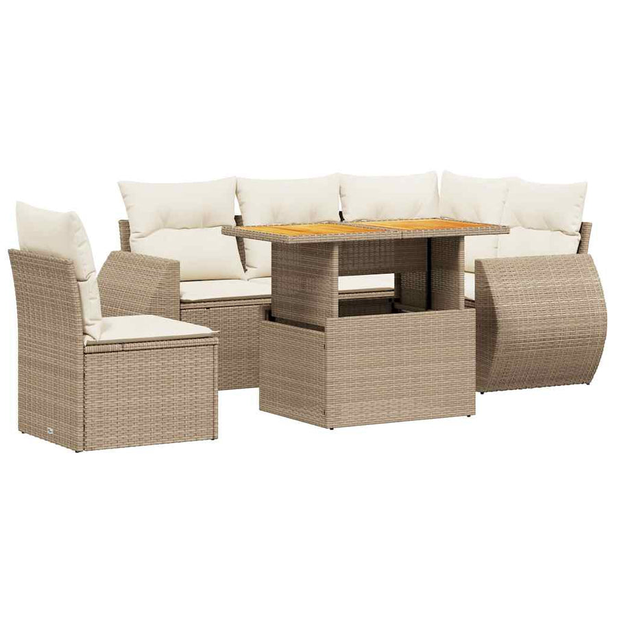 6-delige Loungeset met kussens poly rattan beige
