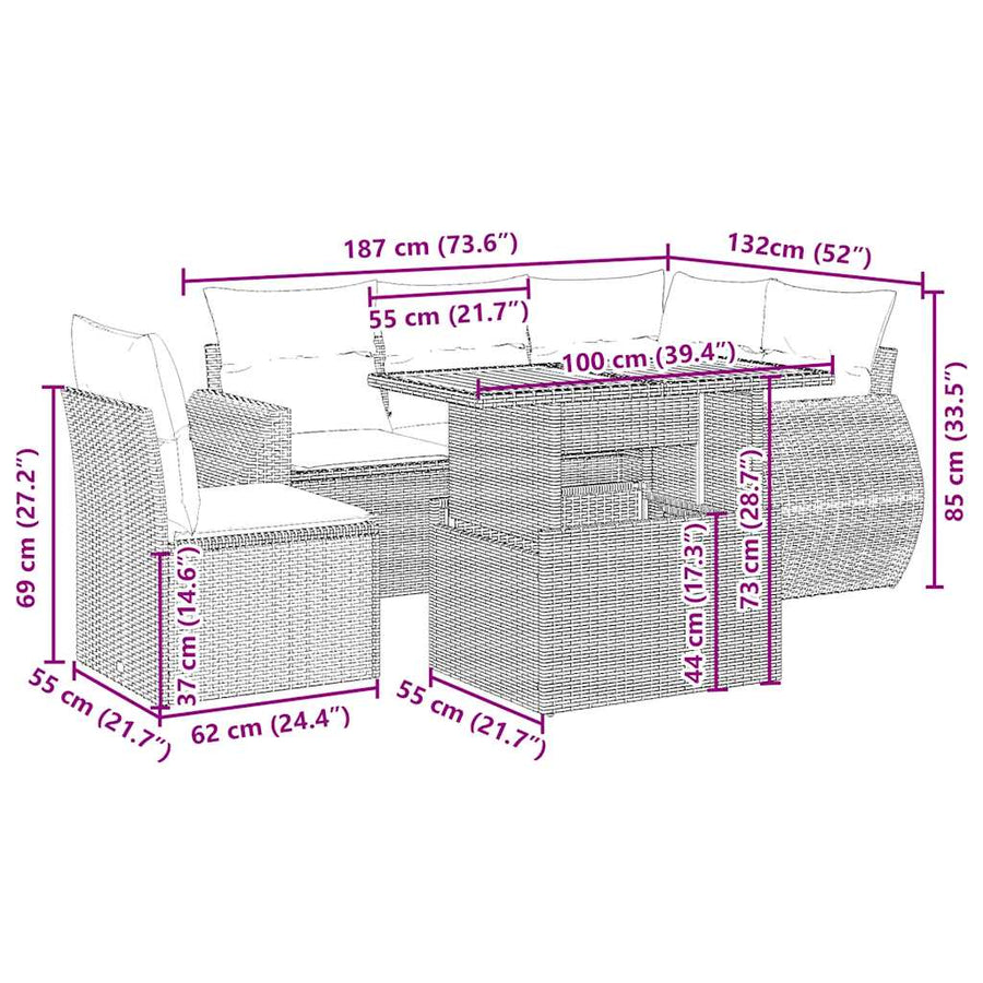6-delige Loungeset met kussens poly rattan beige