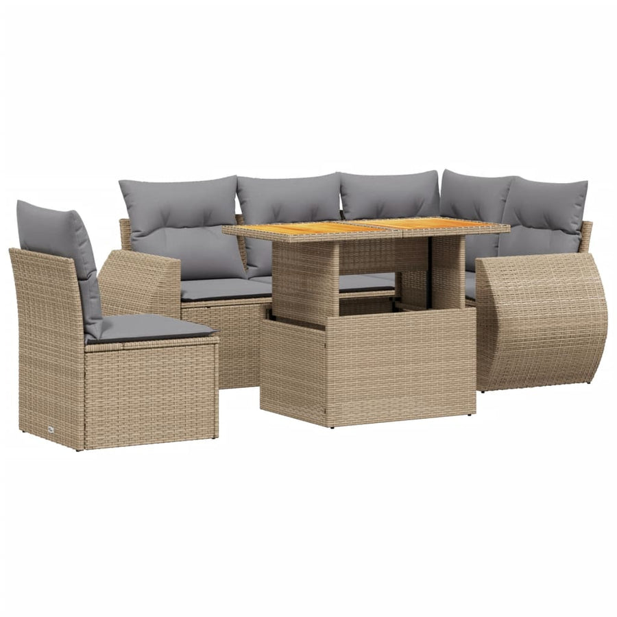 6-delige Loungeset met kussens poly rattan beige